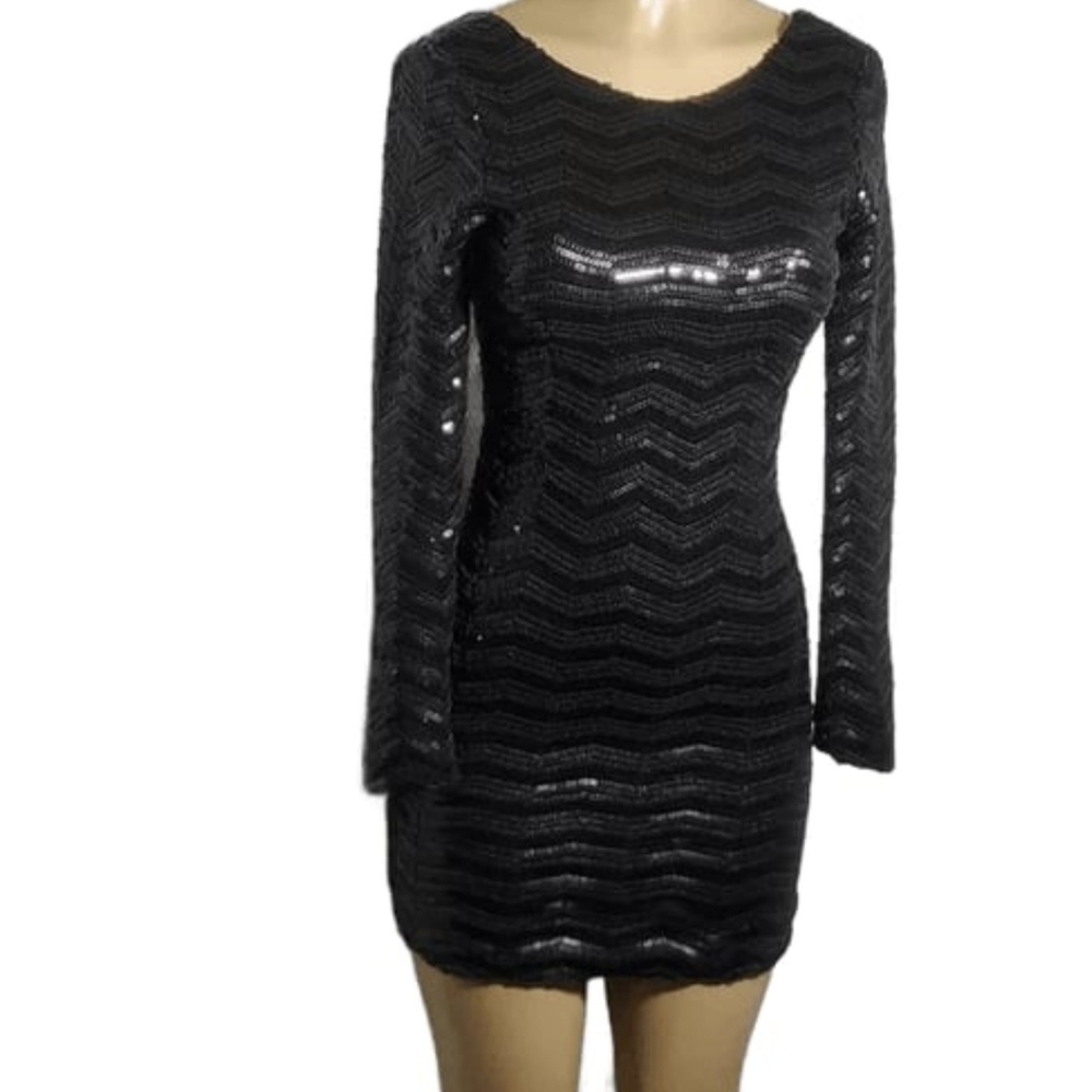 Nwt Lf Millau Womens Wave Metallic Sequin Sheath Dress Long Sleeve Back Size Xs